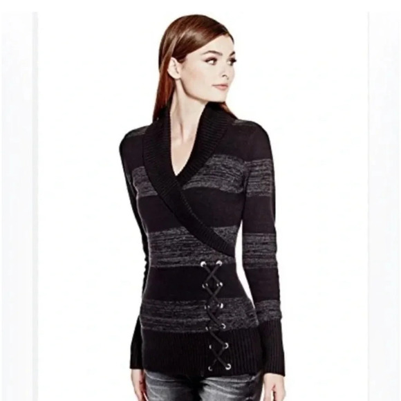 Guess Women's Fitted Black and  Grey Striped Crossover Collar Lace Up Side XS - Picture 1 of 14
